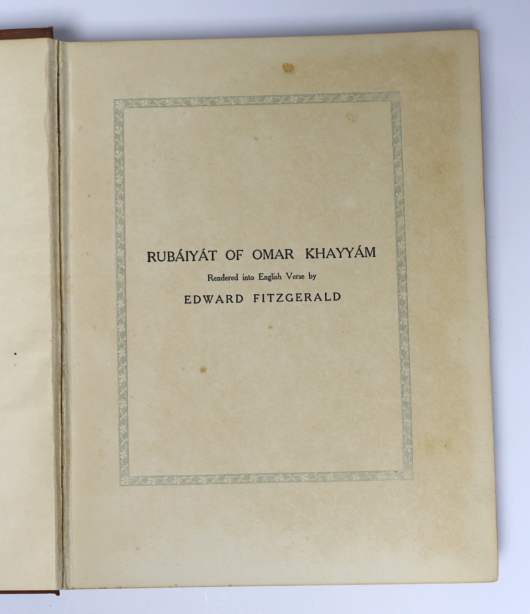 Fitzgerald, Edward - Rubaiyat of Omar Khayyam...With illustrations by Edmund Dulac. decorated title and 20 coloured plates, mounted and captioned within decorated border; original gilt decorated red buckram, 4to. Hodder